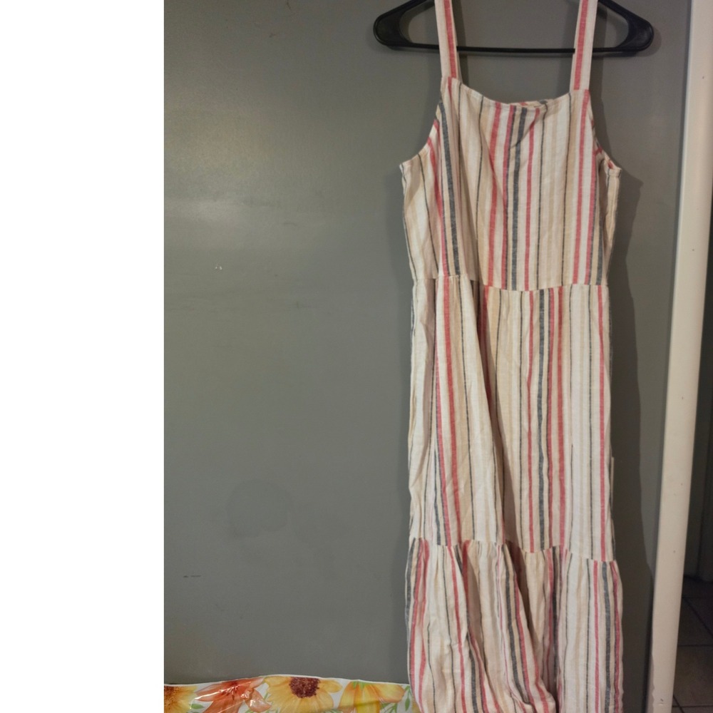 Loft Outlet Women Small Striped Tiered Maxi Dress Sleeveless Red Navy Tan Linen